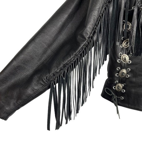 VINTAGE ALCATRAZ BLACK LEATHER FRINGE BRAIDED CONCHO ZIP ROCKSTAR LEATHER JACKET - Picture 12 of 17